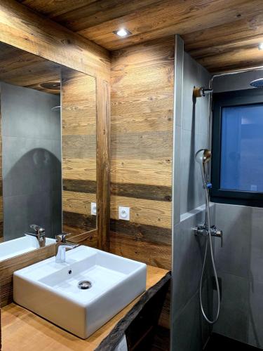une salle de bain avec un lavabo et une télévision au mur dans l'établissement Le Samoëns cosy 3 etoiles en centre ville, à Samoëns