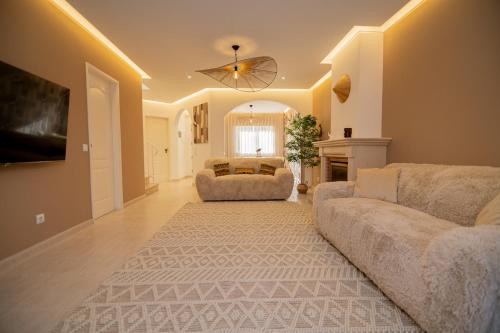 a living room with a couch and a fireplace at Villa Tropical Oasis Park in Portimão