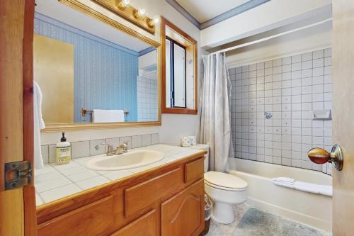 a bathroom with a sink and a toilet and a mirror at Tuna Bush in Truckee