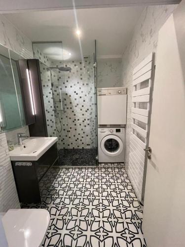 une salle de bain avec une machine à laver et un lavabo dans l'établissement Centre Cannes Pradignac, à Cannes