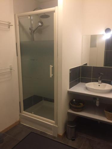une salle de bain avec douche et lavabo dans l'établissement LES GITES CHEROIS sweet home maison 8 personnes, à Les Chères