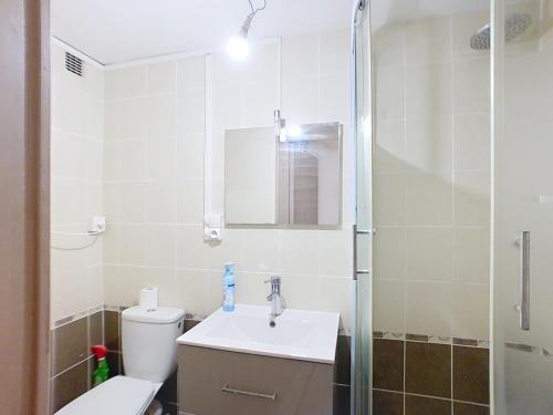 une salle de bain avec toilettes, lavabo et douche dans l'établissement R'Apparts T2, Le Petit Voironet, à Voiron