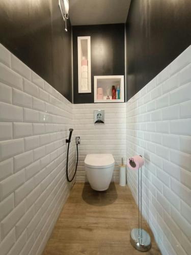 un bagno con un water in una parete bianca e nera di Appartement cosy à Saint-Priest, 78m², proche tramway a Saint-Priest