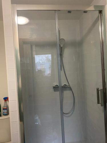 une douche avec une porte vitrée dans une salle de bain dans l'établissement LES GITES CHEROIS maison familiale 13 personnes, à Les Chères