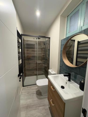 a bathroom with a toilet and a sink and a mirror at Apartamento los Remos VUT-3207AS in Llanes