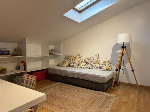 - une chambre avec un lit doté d'oreillers et une lucarne dans l'établissement LES GITES CHEROIS maison esprit campagne 6 personnes, à Les Chères