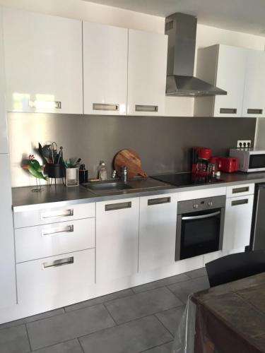 une cuisine avec des armoires blanches et un évier dans l'établissement LES GITES CHEROIS maison esprit campagne 6 personnes, à Les Chères