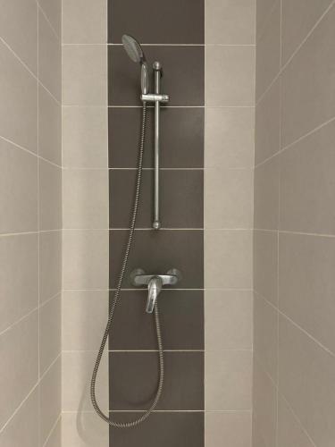une douche avec pommeau de douche dans une salle de bain dans l'établissement LES GITES CHEROIS maison esprit campagne 6 personnes, à Les Chères