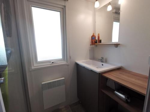 une salle de bain avec un lavabo et une fenêtre dans l'établissement Les Dunes de Contis 4 étoiles empl 182 3CH 1SDB 6 pers, à Saint-Julien-en-Born