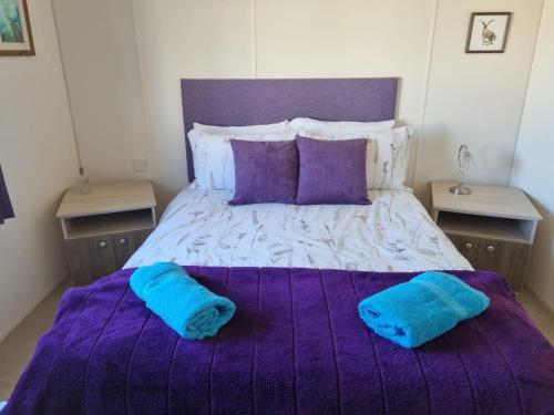 a purple bed with two blue pillows on it at Lodge with a stunning view in Beattock