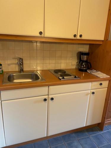 a kitchen with white cabinets and a sink at Gästehaus Tanneck in Reit im Winkl