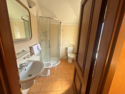 a bathroom with a sink and a shower and a toilet at Emma Lake Apartment lago di Viverone in Viverone