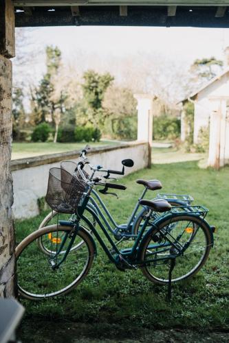 two bikes parked in the grass in a yard at La Maison Pelloquin in Bernières-sur-Mer