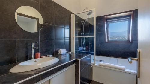 une salle de bain avec un lavabo et un miroir dans l'établissement Les Cygnes - exceptional location with lake view - 3 bedrooms, à Aix-les-Bains