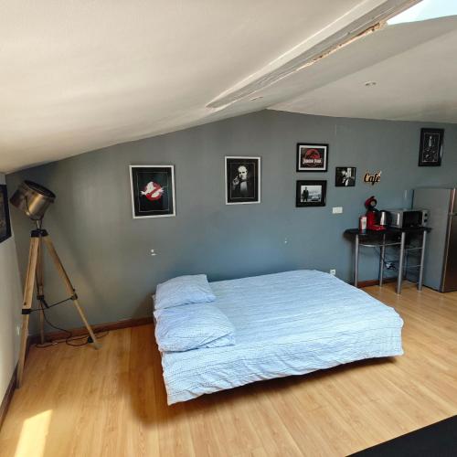 - une chambre avec un lit dans une pièce avec un tripode dans l'établissement Ciné Loft 55 m2 Centre Ville, à Châlons-en-Champagne