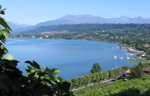 a view of a large lake with boats in it at Emma Lake Apartment lago di Viverone in Viverone