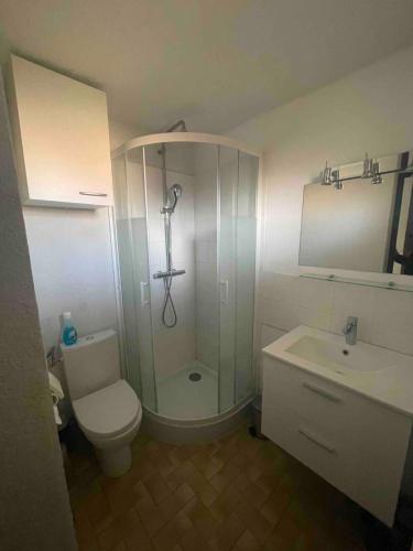 une salle de bain avec une douche, des toilettes et un lavabo dans l'établissement Chez Maéva, au Cap d'Agde