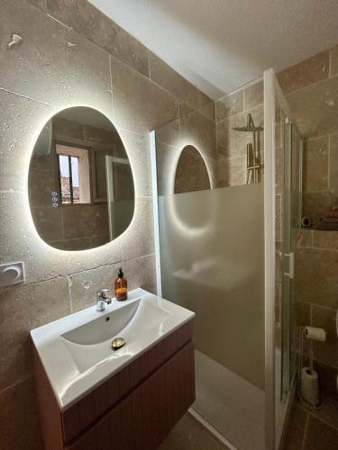 une salle de bain avec un lavabo et une douche avec un miroir dans l'établissement Escapade Nîmoise - centre ville -clim-wifi-netflix, à Nîmes