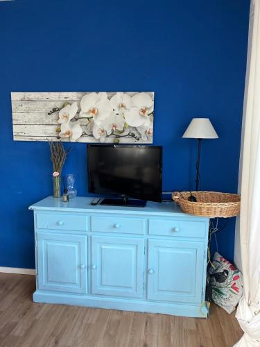 a blue cabinet with a television on top of it at Appartamento luce in Fanano