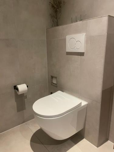 a white toilet in a bathroom with two rings on the wall at Beach House met badkamer, boxspring & airco in Schoonebeek