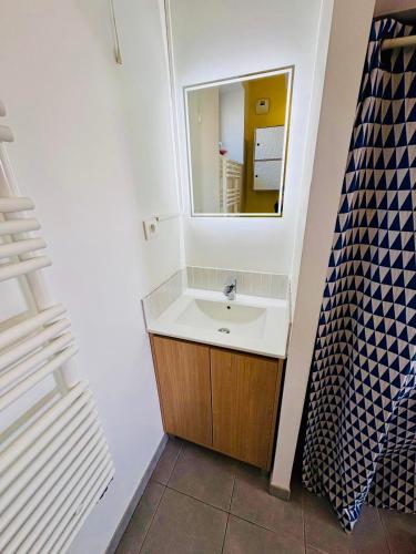 une salle de bain avec un lavabo et un miroir dans l'établissement Duplex Hermine Cosy, jardin sud & parking, à Saint-Malo