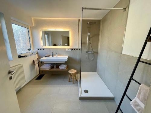 a bathroom with a shower and a sink at Weingut Knodt-Trossen in Kröv