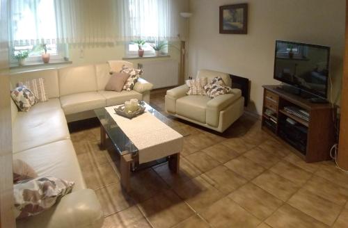 a living room with two couches and a tv at Nettetal - das kleine Haus am See in Nettetal