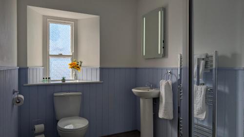 a blue bathroom with a toilet and a sink at Duke of Cornwall in St Austell
