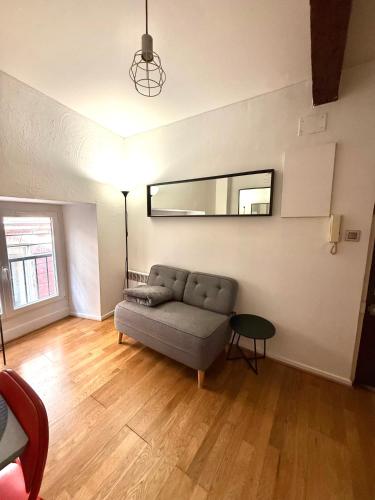 un salon avec un canapé et un miroir dans l'établissement Cozy hypercenter apartment, à Toulouse