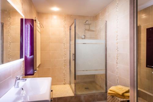 une salle de bain avec un lavabo et une douche dans l'établissement Gîte de Caillou, à Berbiguières