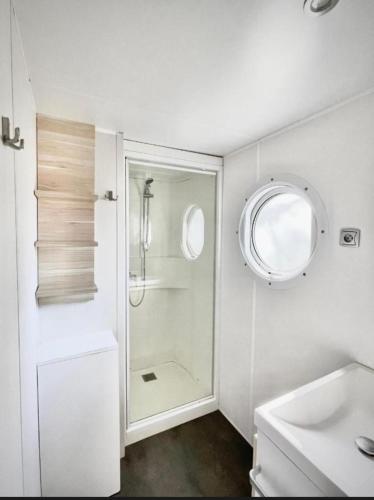 une salle de bain blanche avec une douche et un lavabo dans l'établissement Lydia's Mobilhome am Europa-Park Rulantica, à Boofzheim