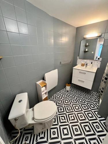une salle de bain avec toilettes et lavabo dans l'établissement Montbel'appart - Le Central studio, à Montbéliard