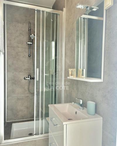 une salle de bain avec une douche, un lavabo et un miroir dans l'établissement L'estuaire ensoleillé, à Le Touquet-Paris-Plage