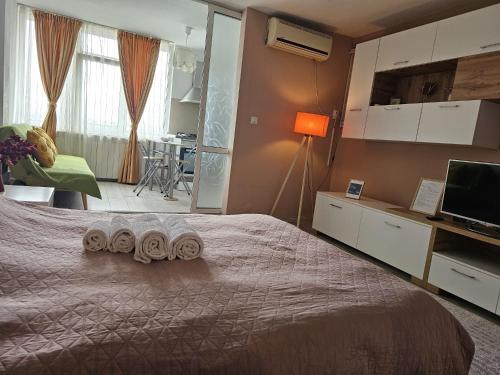 Postel nebo postele na pokoji v ubytování Olivia`s Studio - apartment Iasi