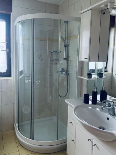 a bathroom with a shower and a sink at Apartma Špan in Zgornje Gorje