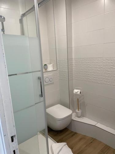 a bathroom with a toilet and a glass shower at Grand Studio Balnéaire in Luc-sur-Mer