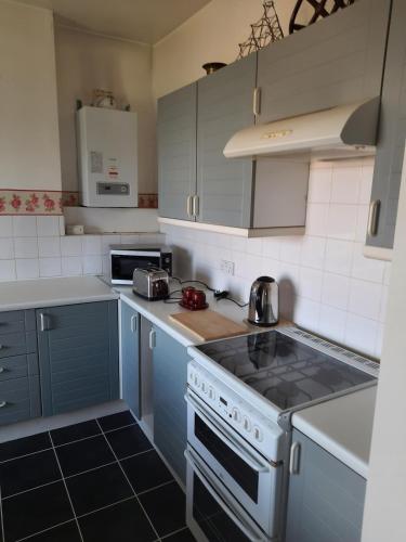 a kitchen with blue cabinets and a stove top oven at Sea view flat at Claverton House in Ryde