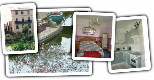 3 fotos de una habitación con una cama y una casa en Sea view flat at Claverton House, en Ryde