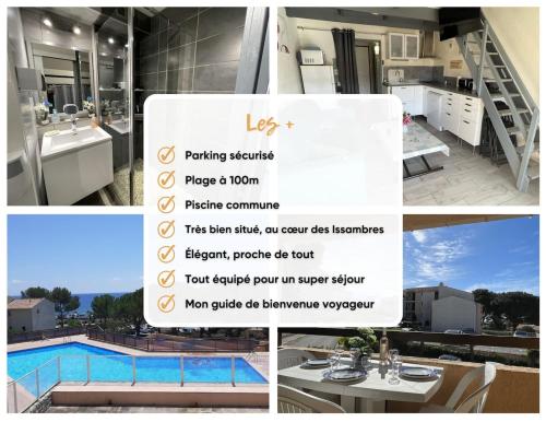 un collage d'images d'une maison avec un panneau dans l'établissement Studio 24m2 - parking - clim - piscine - mer à 100m, à Roquebrune-sur Argens