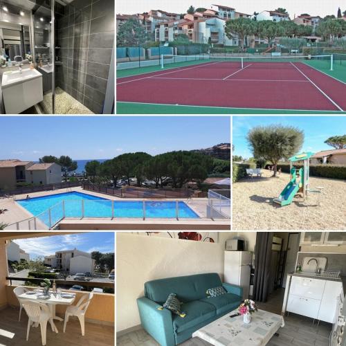 un collage de photos d'une maison et d'un court de tennis dans l'établissement Studio 24m2 - parking - clim - piscine - mer à 100m, à Roquebrune-sur Argens