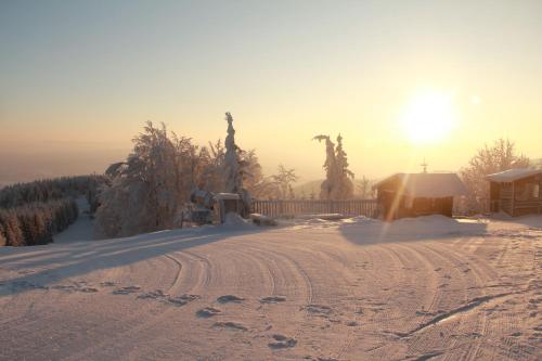 una pendiente cubierta de nieve con el sol en el fondo en Chata Javorový Vrch, en Tyra