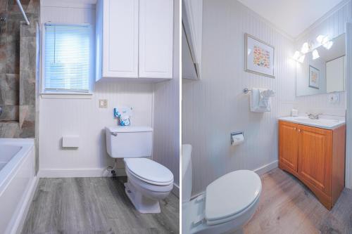 two pictures of a bathroom with a toilet and a sink at City Centre Motel by OYO in Seaside