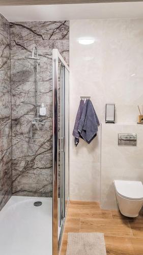 a bathroom with a shower and a toilet at Apartament U Dziewczyn in Gąski