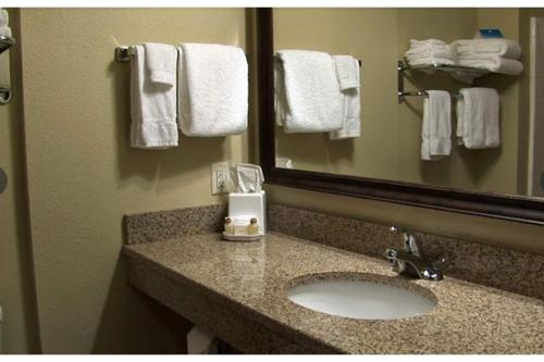 ein Badezimmer mit Waschbecken, Spiegel und Handtüchern in der Unterkunft Werry's Cottages and Pub By OYO East Stroudsborg - Weekly Stays in East Stroudsburg