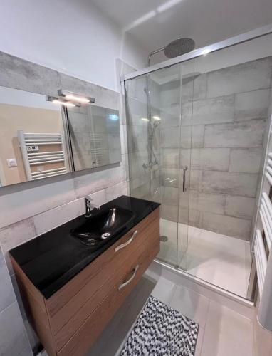 une salle de bain avec un lavabo et une douche en verre dans l'établissement Joli appartement sur Place de la Mairie, à Sète