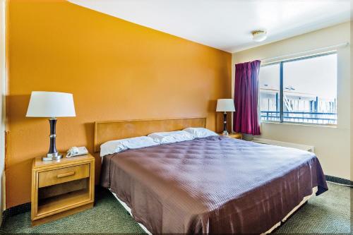 a bedroom with a large bed and a window at OYO Hotel Shreveport Airport North in Shreveport