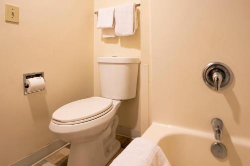 a bathroom with a toilet and a bath tub with towels at OYO Hotel Redwood Falls near Jackpot Casino in Redwood Falls