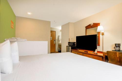 a hotel room with a large bed and a flat screen tv at Super Sleep Inn in Princeton