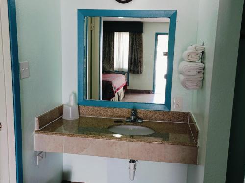 a bathroom with a sink and a mirror at Budget Inn By OYO Edinburg Hwy 281 in Edinburg