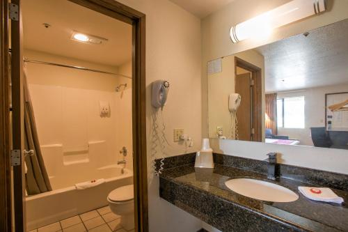 a bathroom with a sink and a toilet and a phone at OYO Woodland Hotel and Suites in Woodland